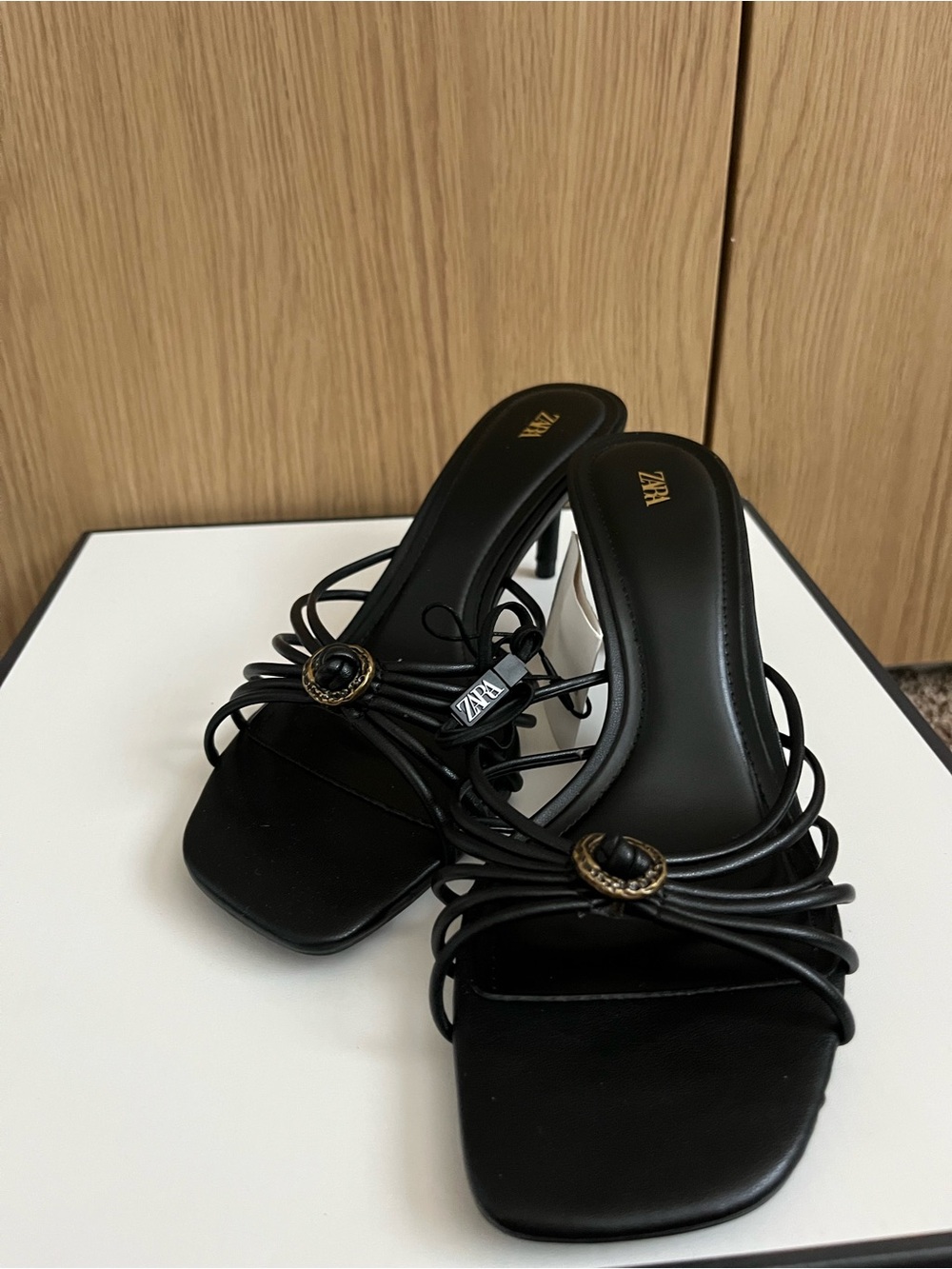 Zara Black Strappy Square-Toe Heels with Gold Ring Detail